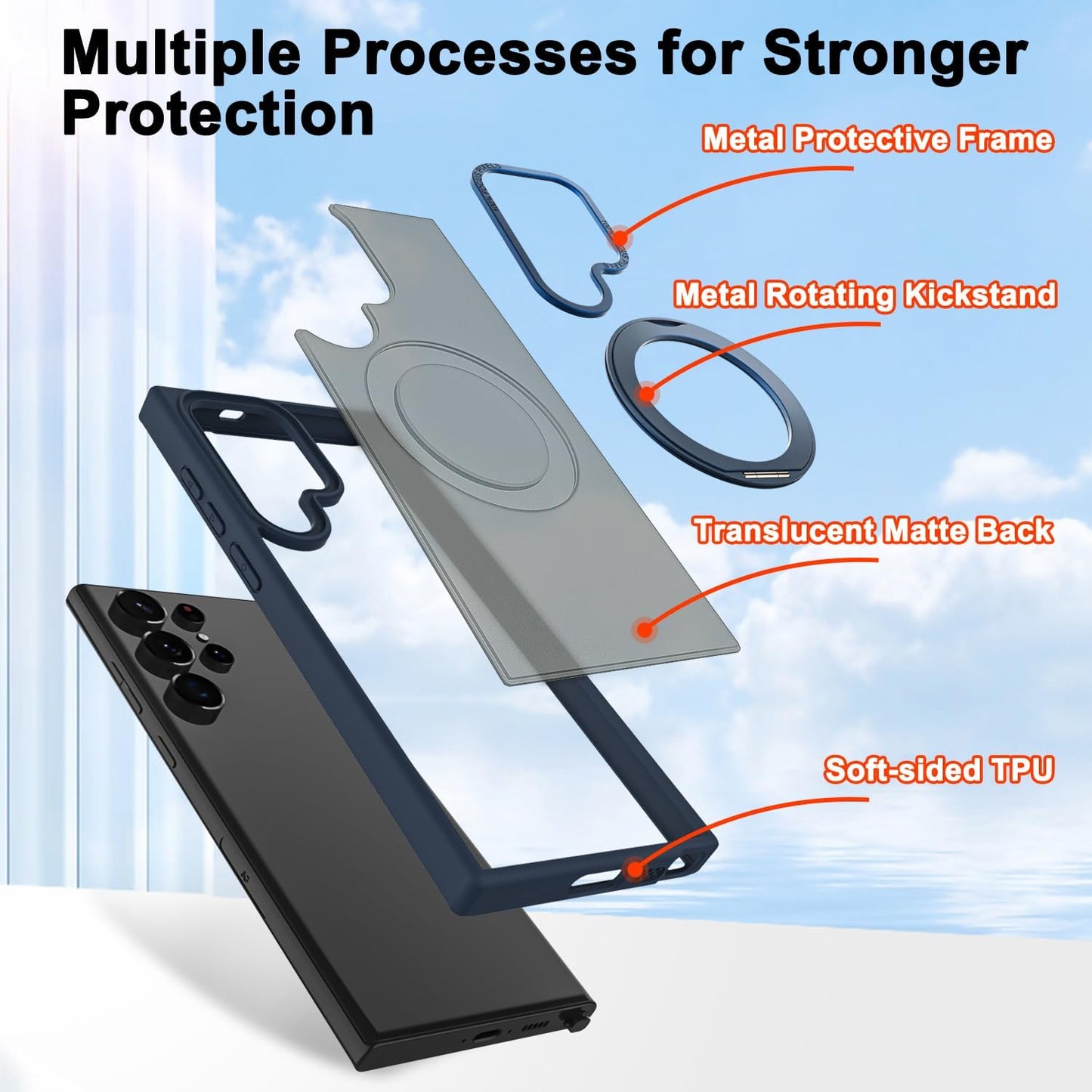 Samsung Galaxy S23 Ultra Shockproof Translucent Matte Case with 360° Rotatable Magnetic Magsafe Ring & Kickstand - Blue