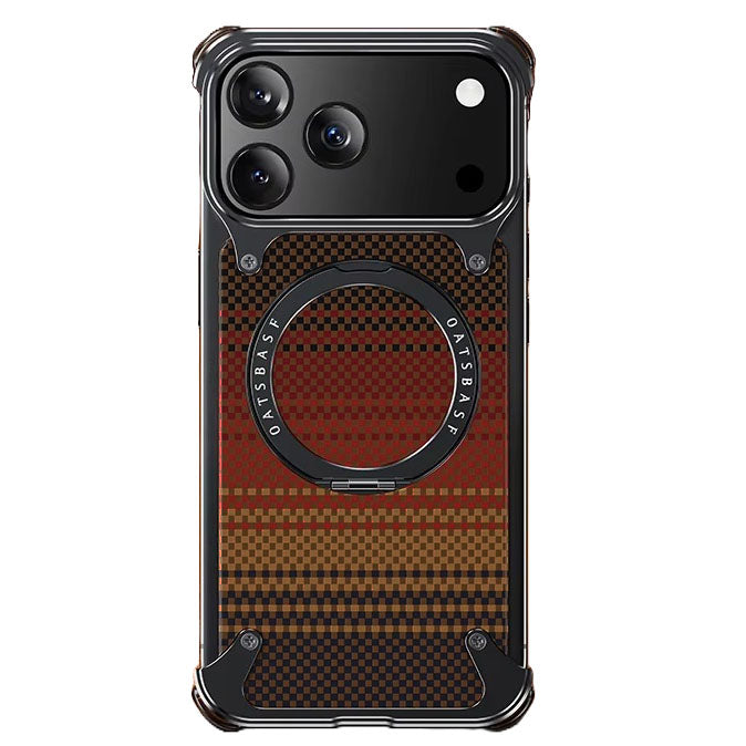 iPhone 17 Pro Max Titan Carbon Metal Frame Case with 360 Roatating Ring - Sunrise Red