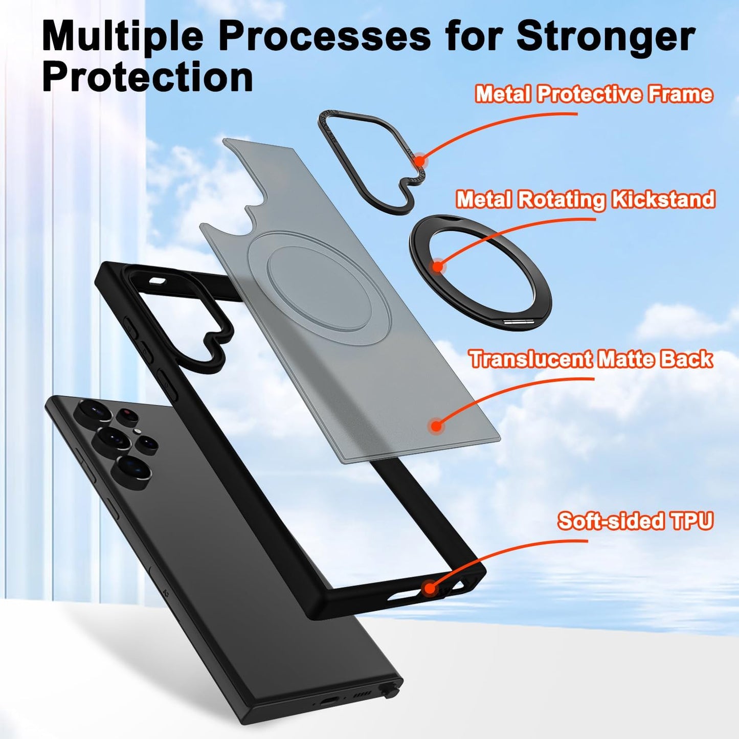 Samsung Galaxy S23 Ultra Shockproof Translucent Matte Case with 360° Rotatable Magnetic Magsafe Ring & Kickstand - Black
