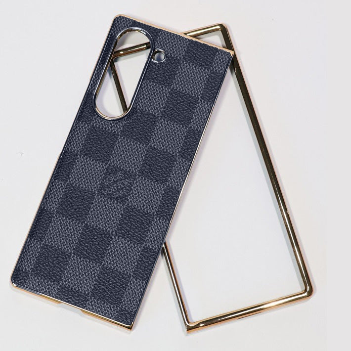 Samsung Galaxy Z Fold7 Luxury Check Pettern Gold Plated Leather Case - Black