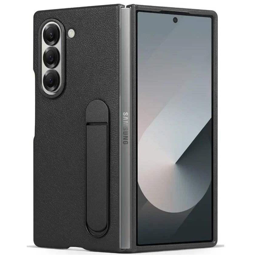 Samsung Galaxy Z Fold 6 Leather Protective Shell Case with Kickstand - Black