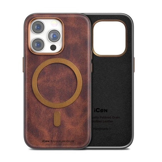 iPhone 14 Pro Max Icon Leather Case with Metal MagSafe Ring Brown