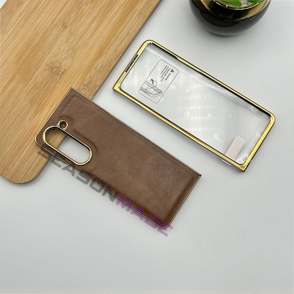 Samsung Galaxy Z Fold 5 Gold Plated Leather Case With Front Glass - Brown