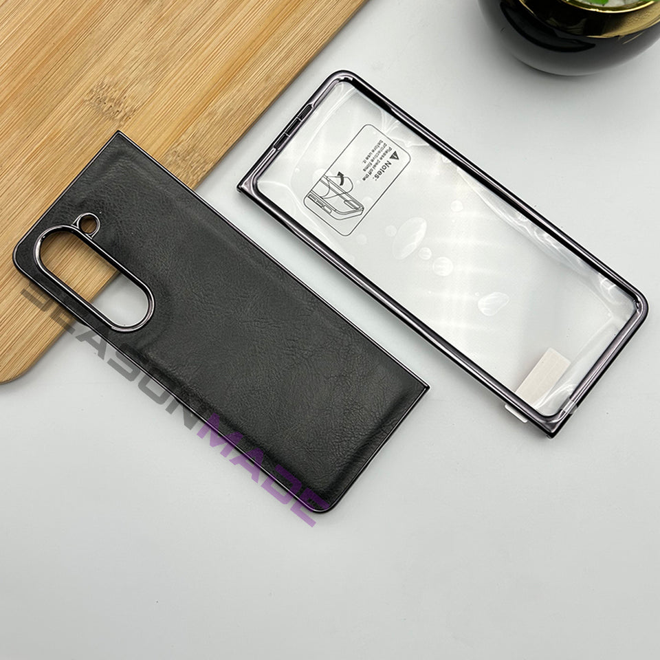 Samsung Galaxy Z Fold 5 Gold Plated Leather Case With Front Glass - Gray