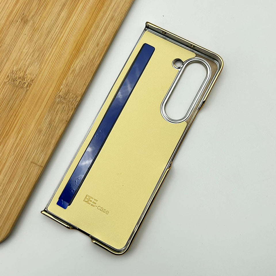 Samsung Galaxy Z Fold 5 Gold Plated Leather Case With Front Glass - Brown
