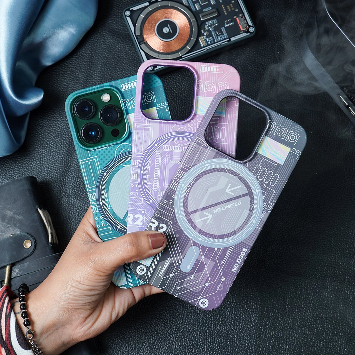 iPhone 15 Pro Max Radium Glow Futuristic Tech Design Magsafe Case - Purple