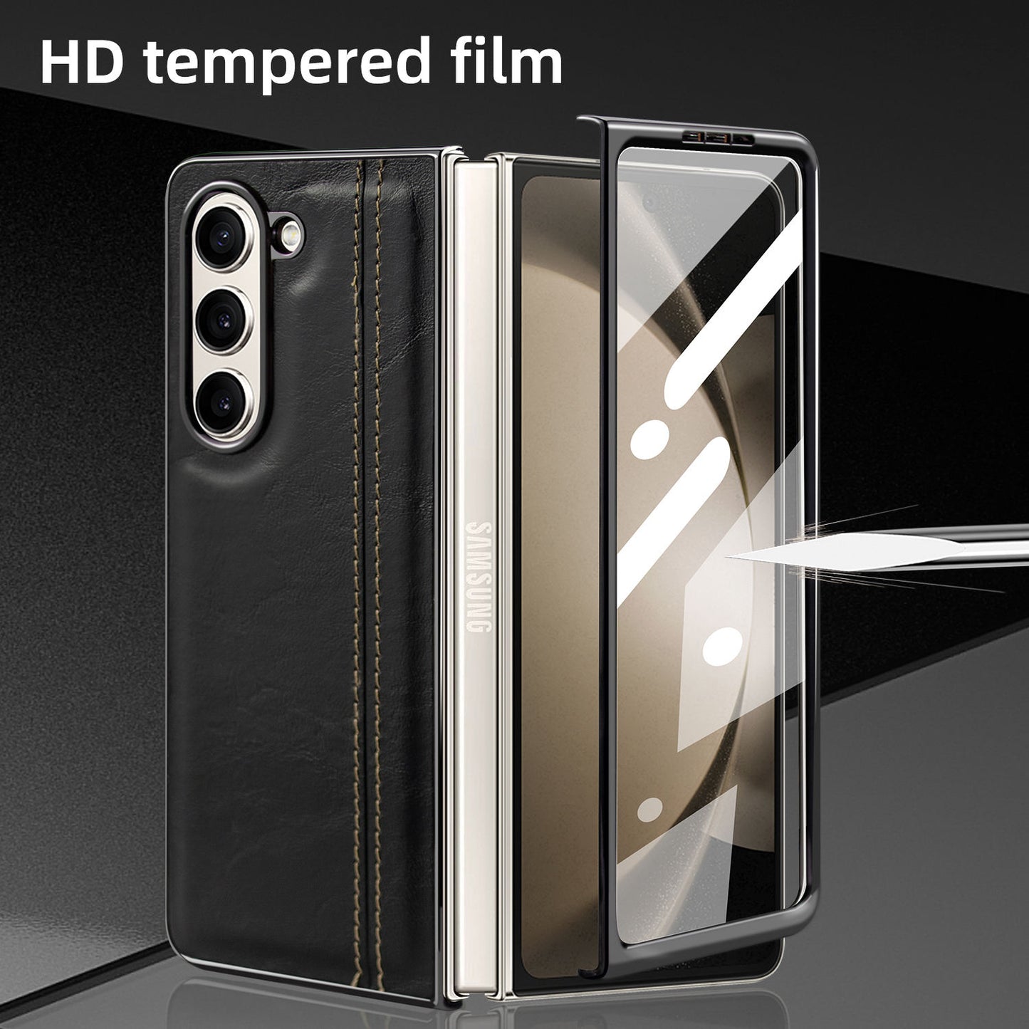 Samsung Galaxy Z Fold7 Gold Plated Dual Line Stitches Leather Case - Brown