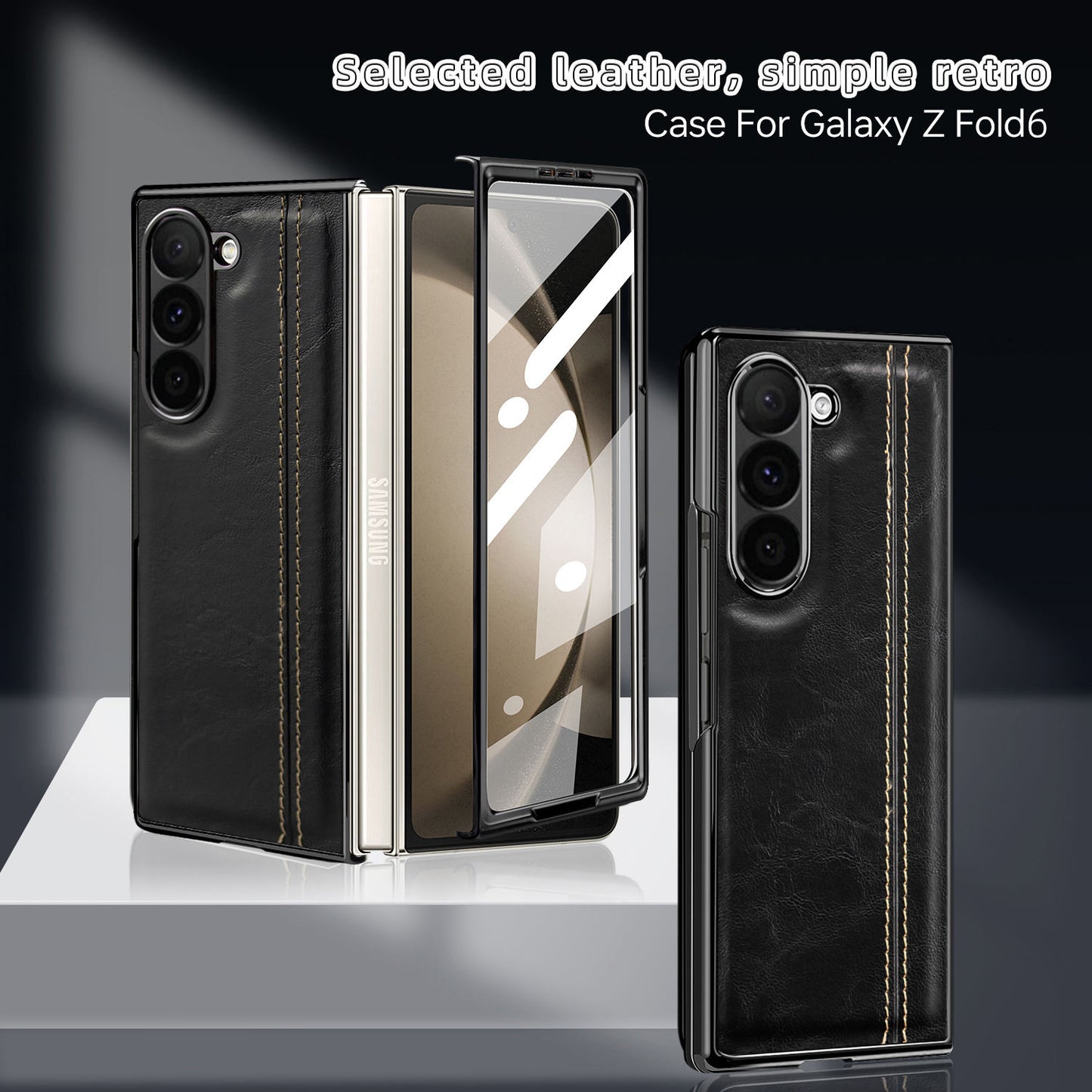 Samsung Galaxy Z Fold7 Gold Plated Dual Line Stitches Leather Case - Brown