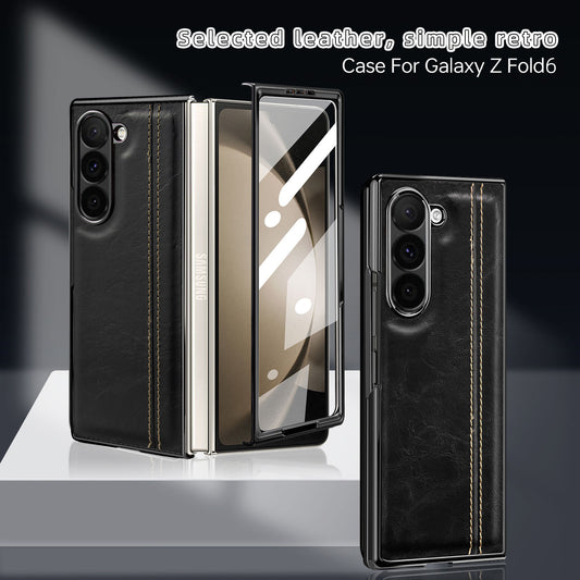 Samsung Galaxy Z Fold7 Gold Plated Dual Line Stitches Leather Case