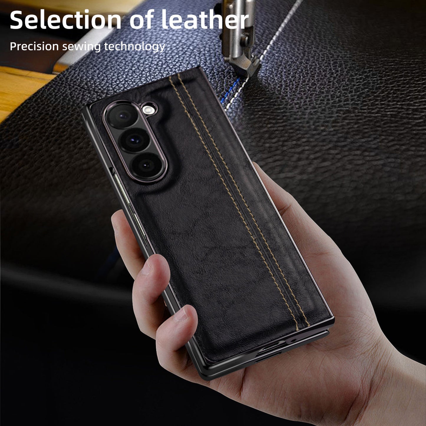Samsung Galaxy Z Fold7 Gold Plated Dual Line Stitches Leather Case - Black