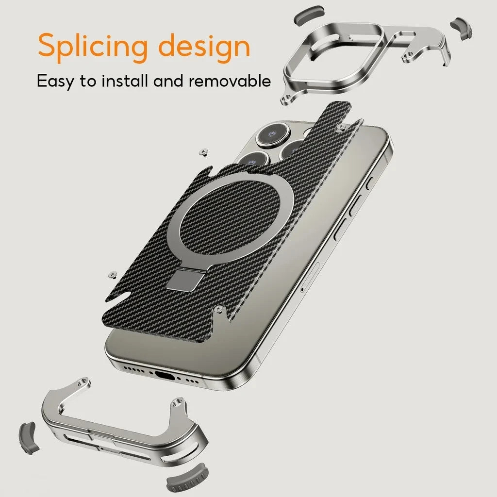 iPhone 15 Pro Max Metal Rimless Carbon Fibre Magnetic Impact Resistance Casing with Stand - Titanium