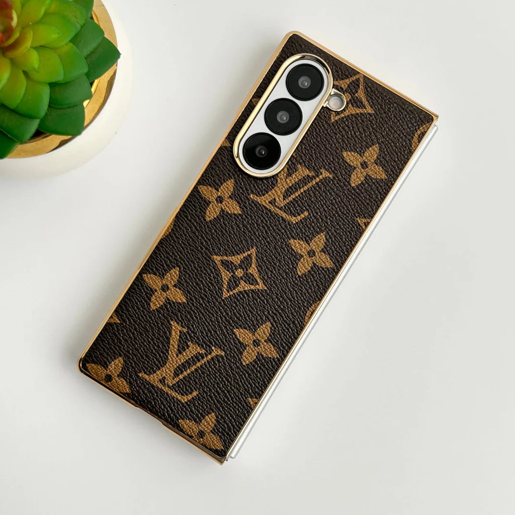 Samsung Galaxy Z Fold7 Luxury Gold Plated Leather Case - Brown