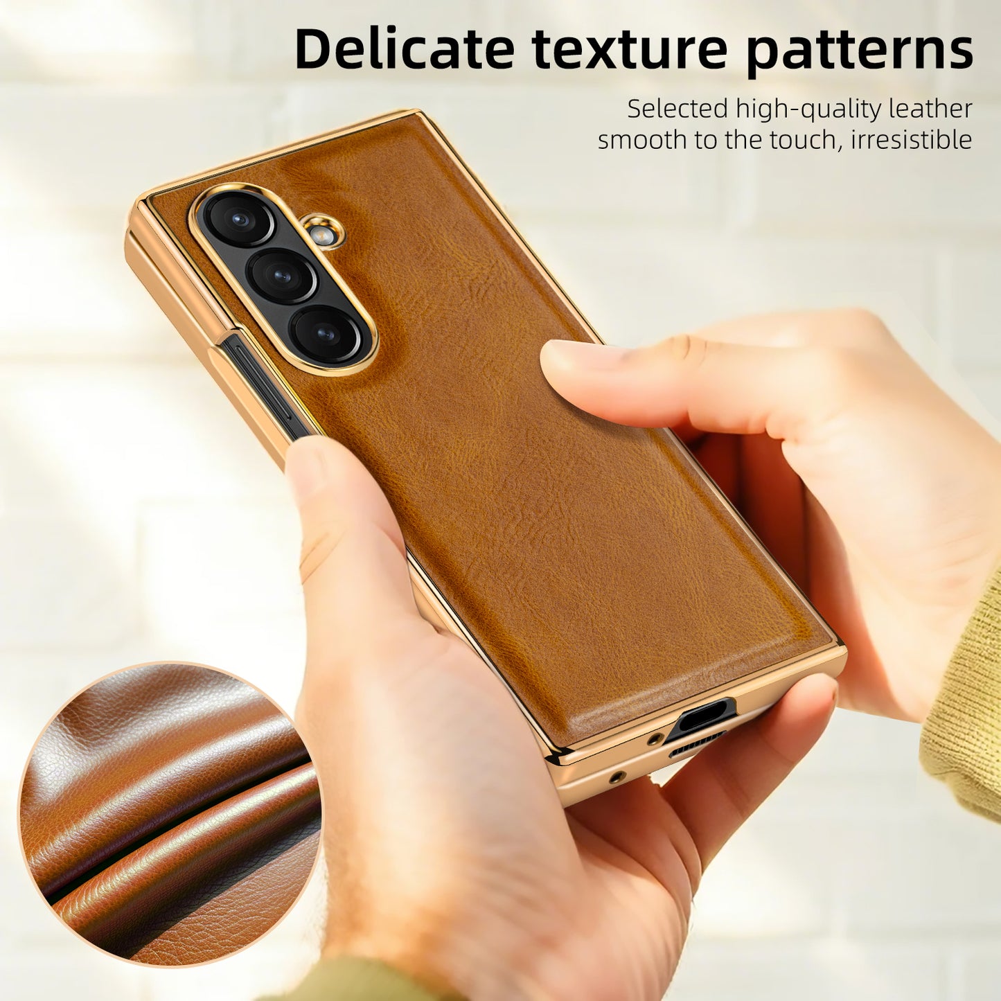 Samsung Galaxy Fold7 Gold Plating Leather Case with Front Glass Protector - Tan