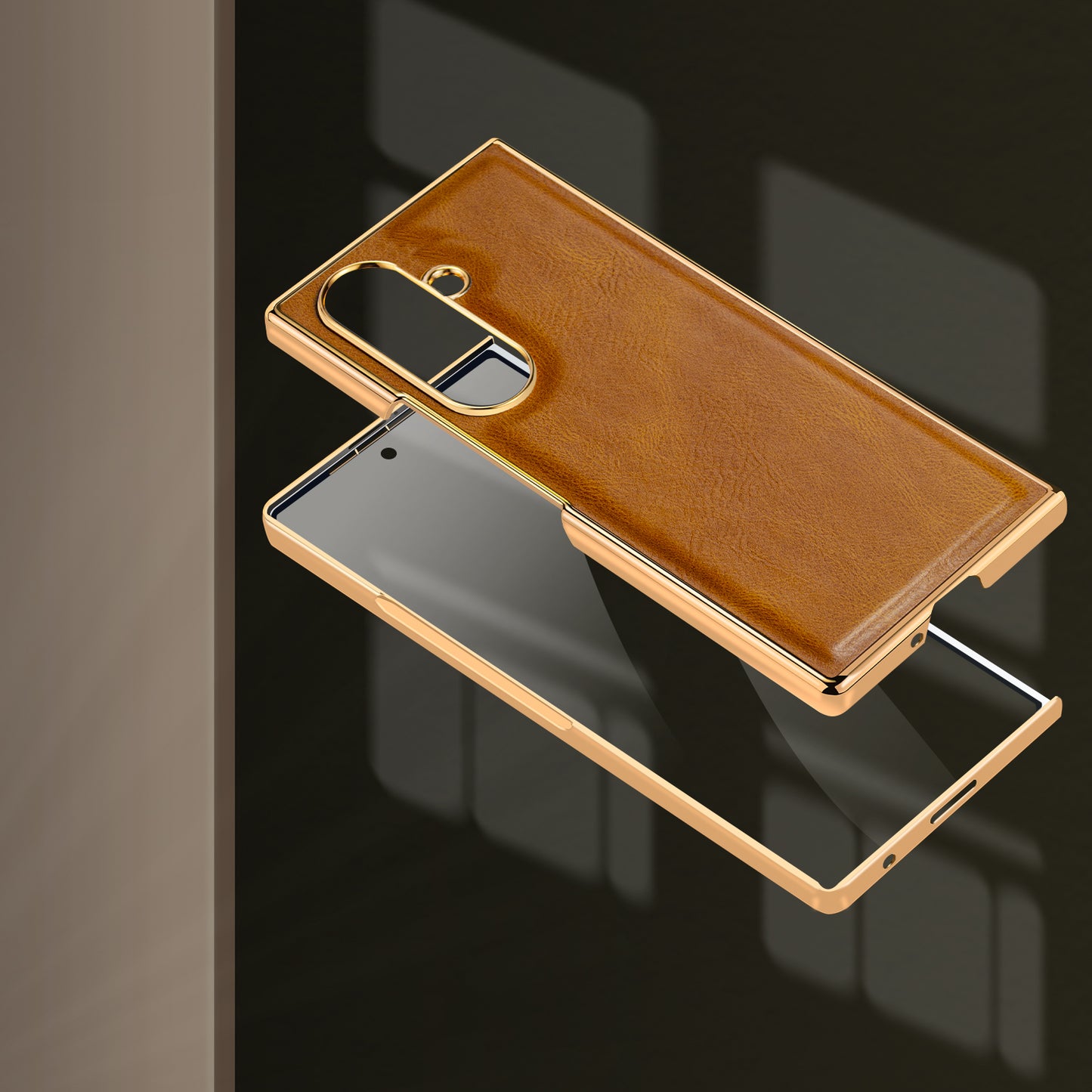 Samsung Galaxy Fold7 Gold Plating Leather Case with Front Glass Protector - Tan