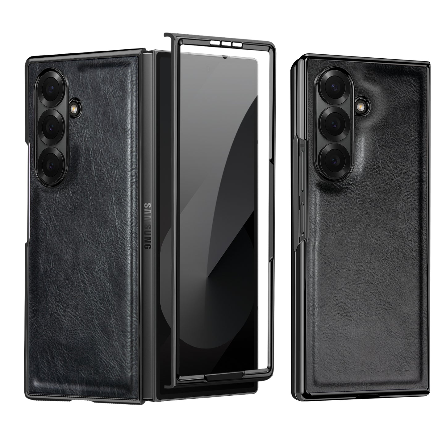 Samsung Galaxy Fold7 Gold Plating Leather Case with Front Glass Protector - Black