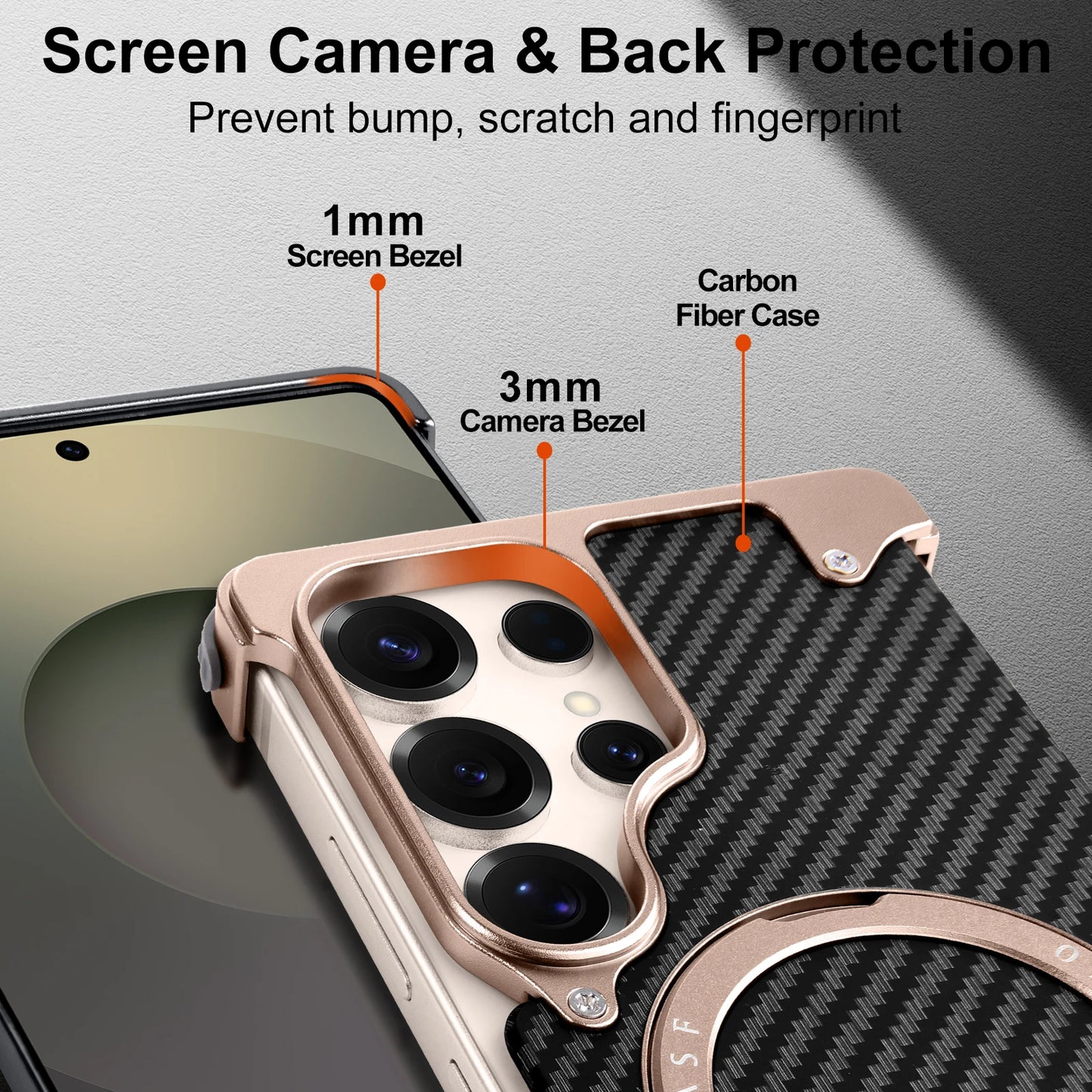 Samsung Galaxy S25 Ultra Framless Carbon Metal Bumper Case with Magsafe & 360 Stand - Black