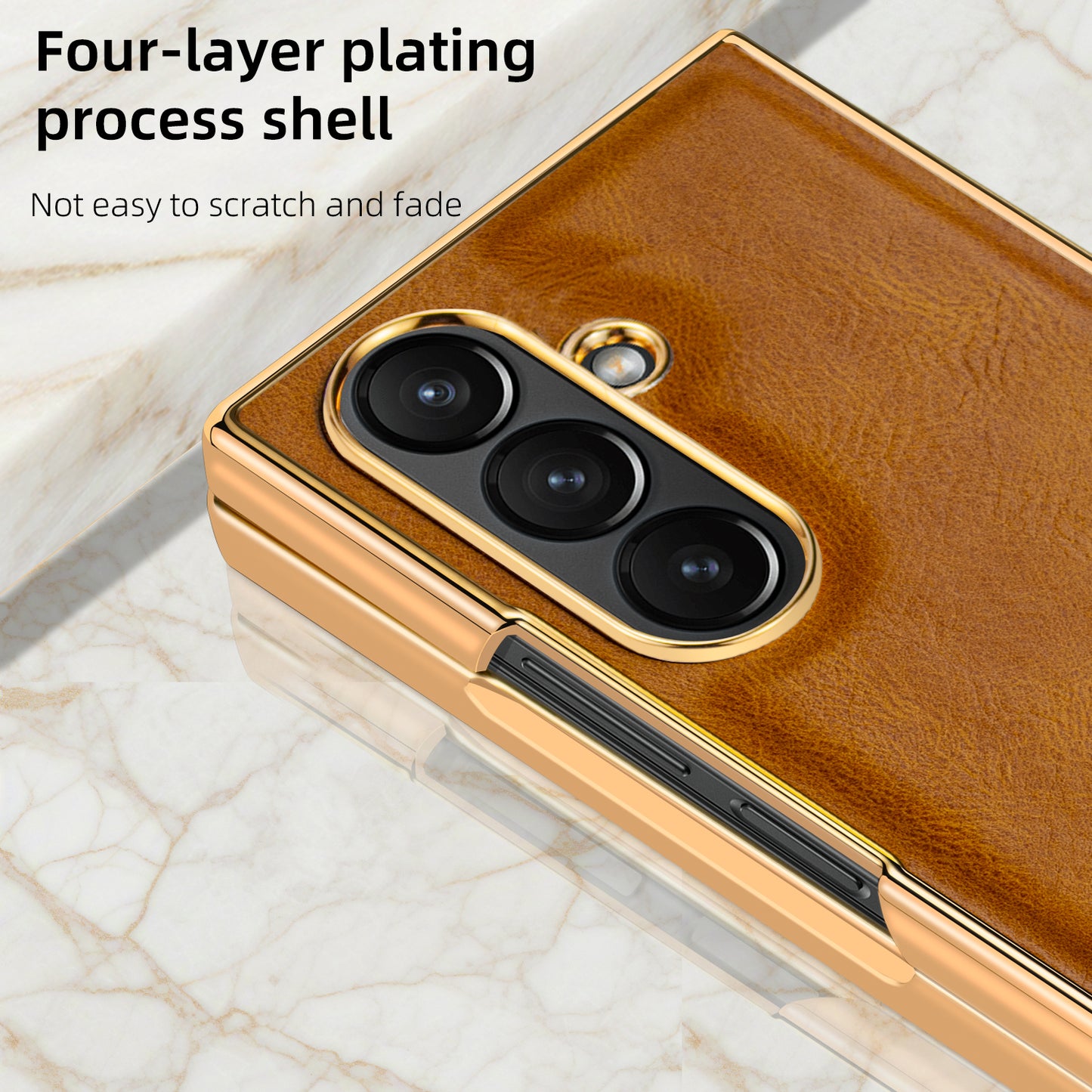 Samsung Galaxy Fold7 Gold Plating Leather Case with Front Glass Protector - Tan