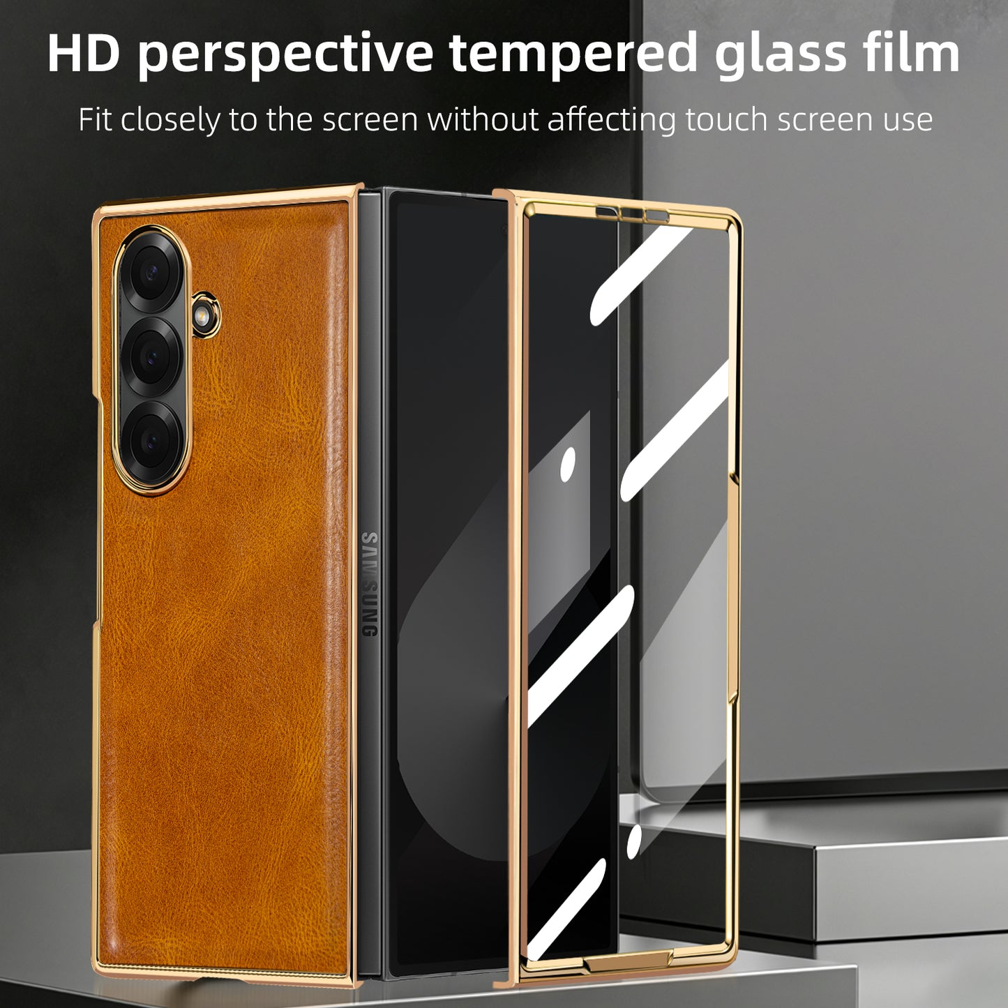 Samsung Galaxy Fold7 Gold Plating Leather Case with Front Glass Protector - Tan