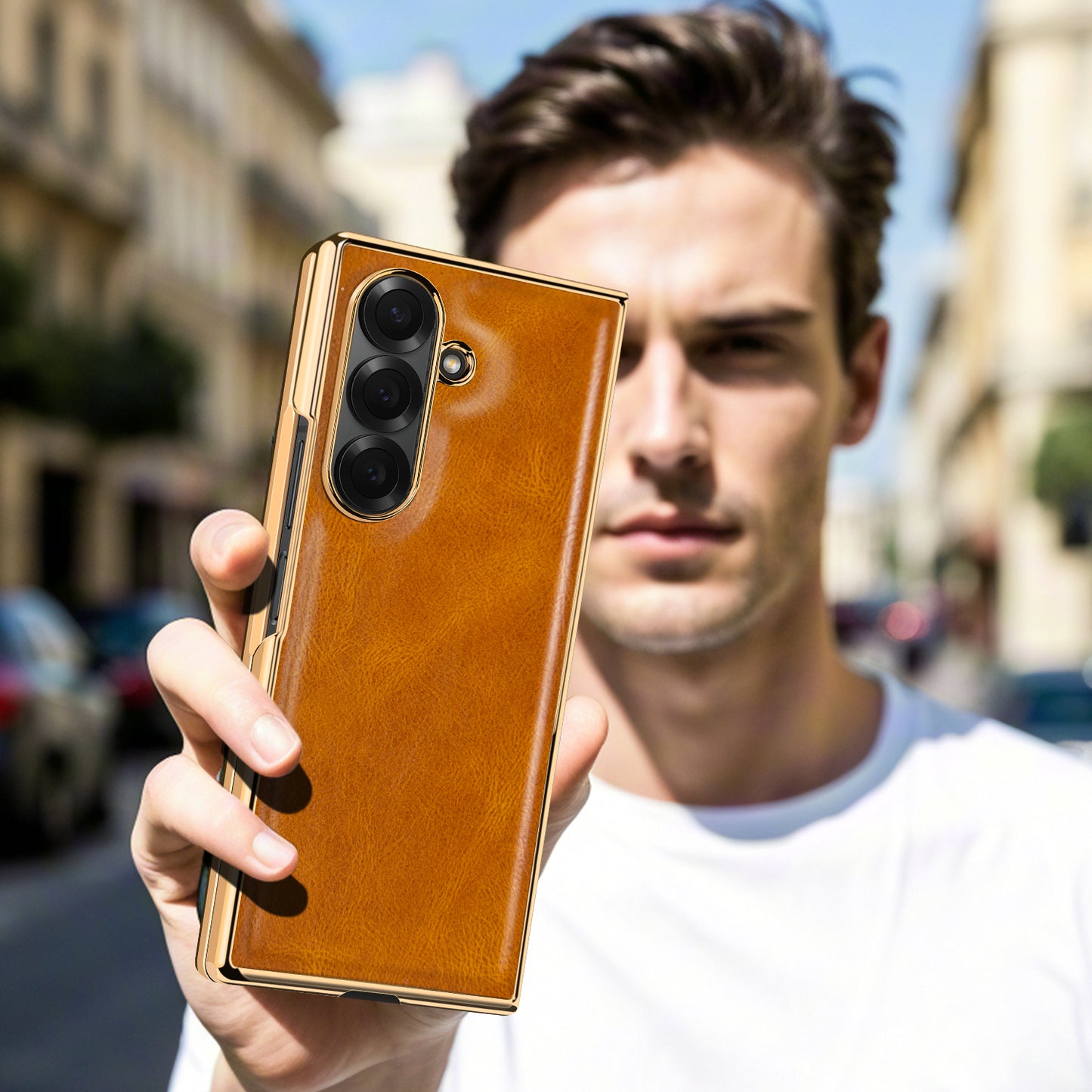 Samsung Galaxy Fold7 Gold Plating Leather Case with Front Glass Protector - Tan