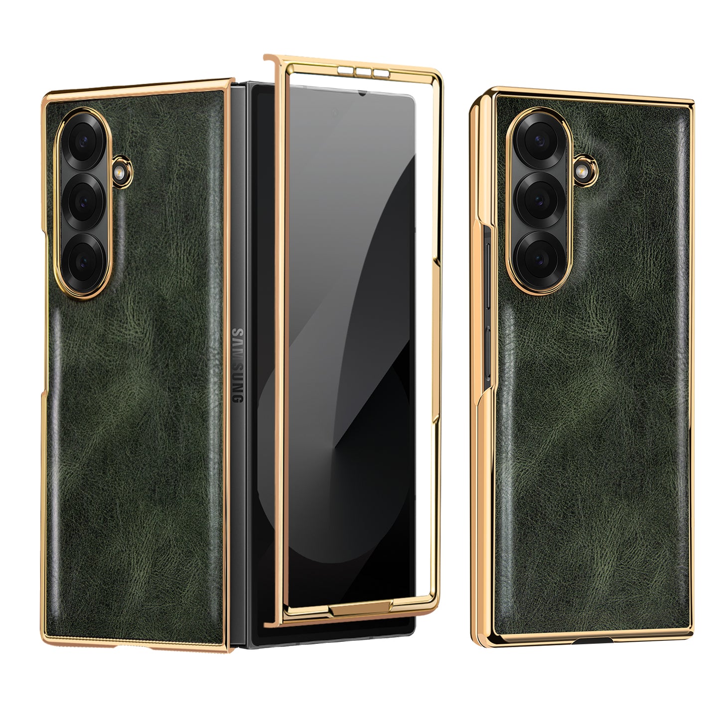 Samsung Galaxy Fold7 Gold Plating Leather Case with Front Glass Protector - Green