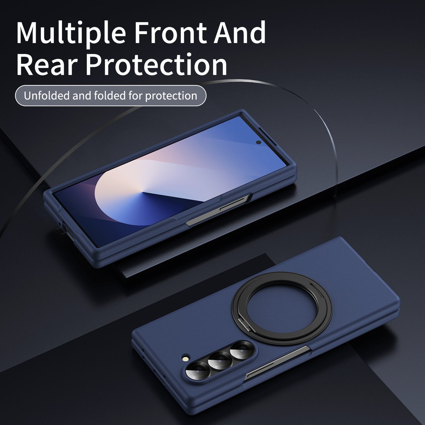 Samsung Galaxy Z Fold 6 Shockproof Hard Shell Case with 360 Metal Rotating & Front Glass - Blue