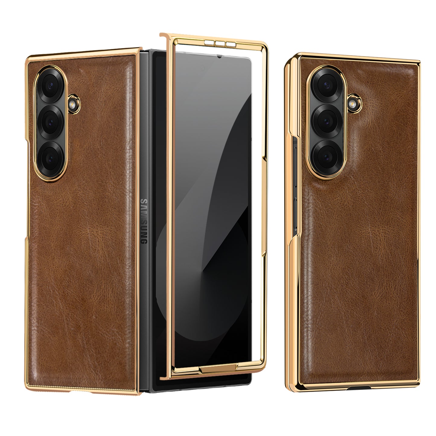 Samsung Galaxy Fold7 Gold Plating Leather Case with Front Glass Protector - Brown