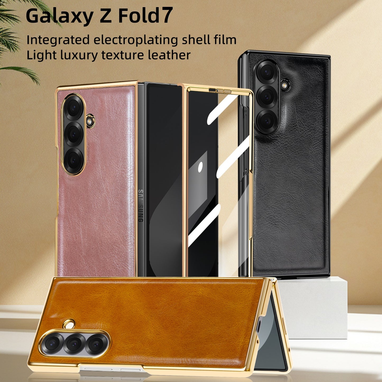 Samsung Galaxy Fold7 Gold Plating Leather Case with Front Glass Protector - Tan
