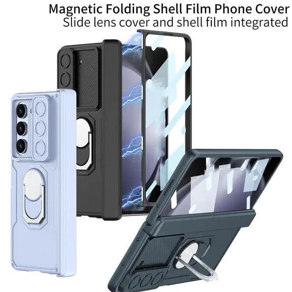 Samsung Galaxy Z Fold 5 Ring Holder Magnetic Hinge Screen Protector Rugged Protective Case-Maroon