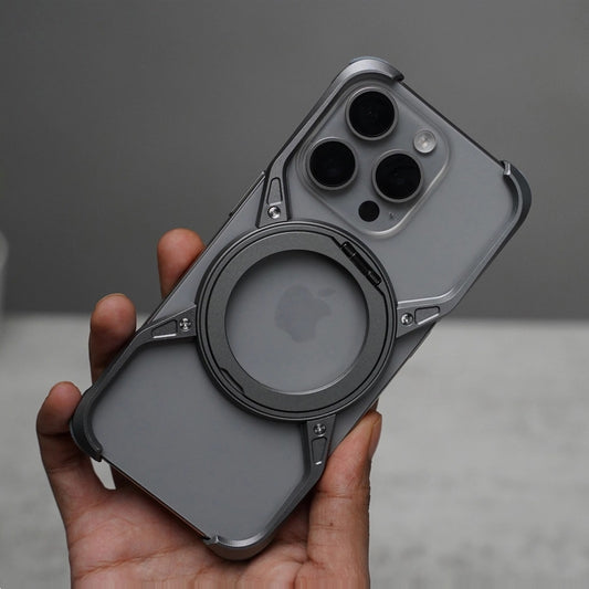 iPhone 16 Pro Max Metal Alloy X Shape Bumper Case with Magsafe & Rotating Stand - Gray