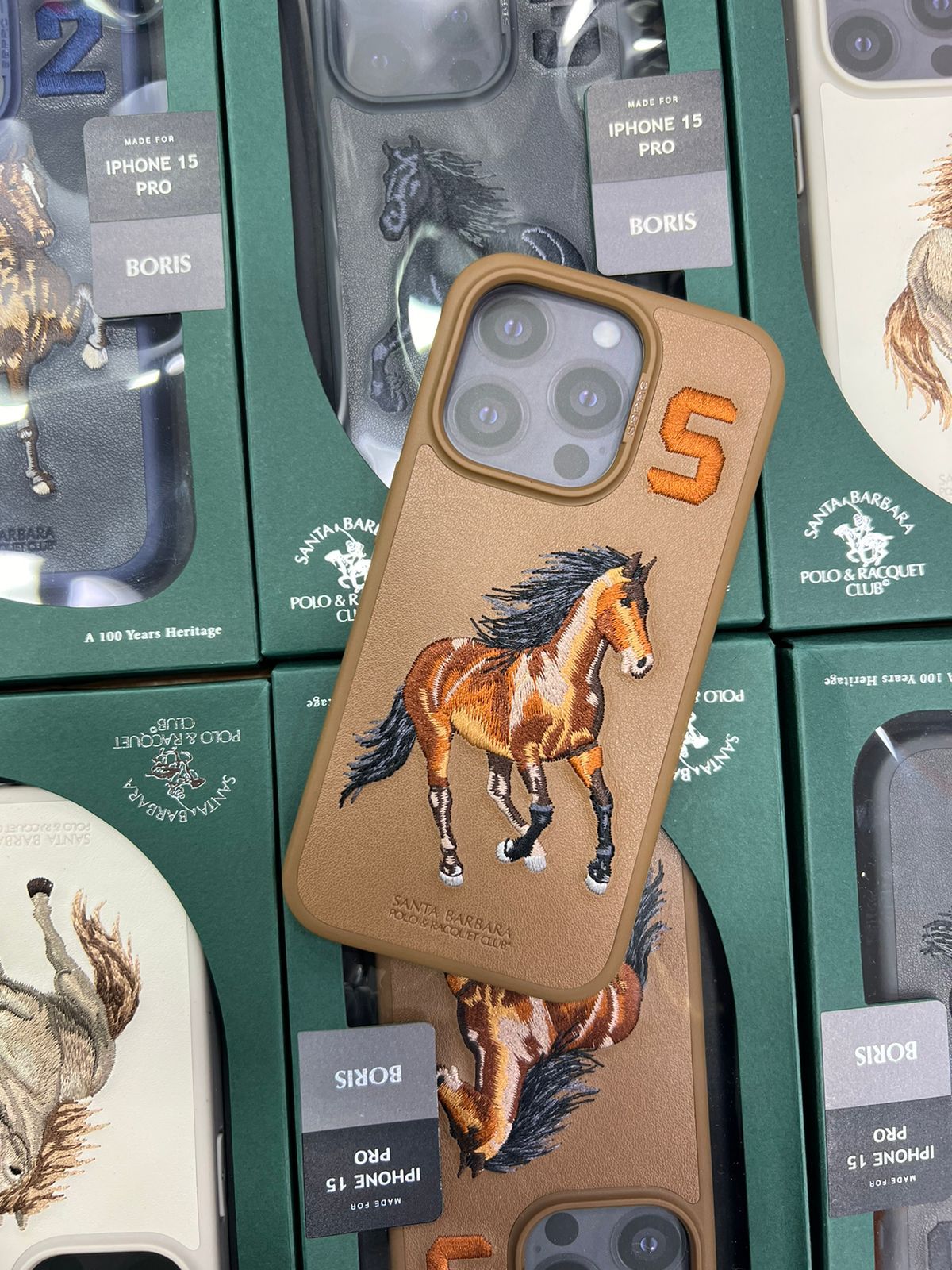 iPhone 15 Pro Santa Barbara Boris Series Embroided Horse Leather Back Case