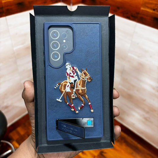 Samsung Galaxy S22 Ultra Polo Embroidery Leather Case with Metal Kickstand - Blue