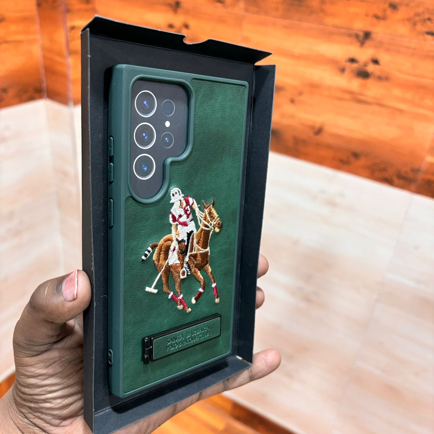 Samsung Galaxy S24 Ultra Polo Embroidery Leather Case with Metal Kickstand - Green