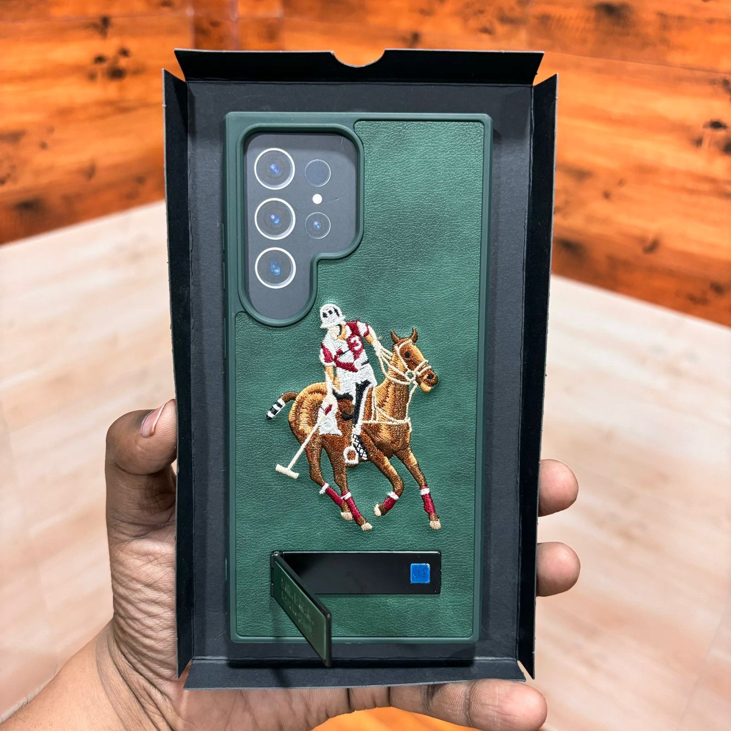 Samsung Galaxy S24 Ultra Polo Embroidery Leather Case with Metal Kickstand - Green