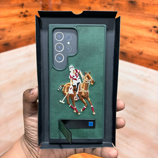 Samsung Galaxy S24 Ultra Polo Embroidery Leather Case with Metal Kickstand - Green
