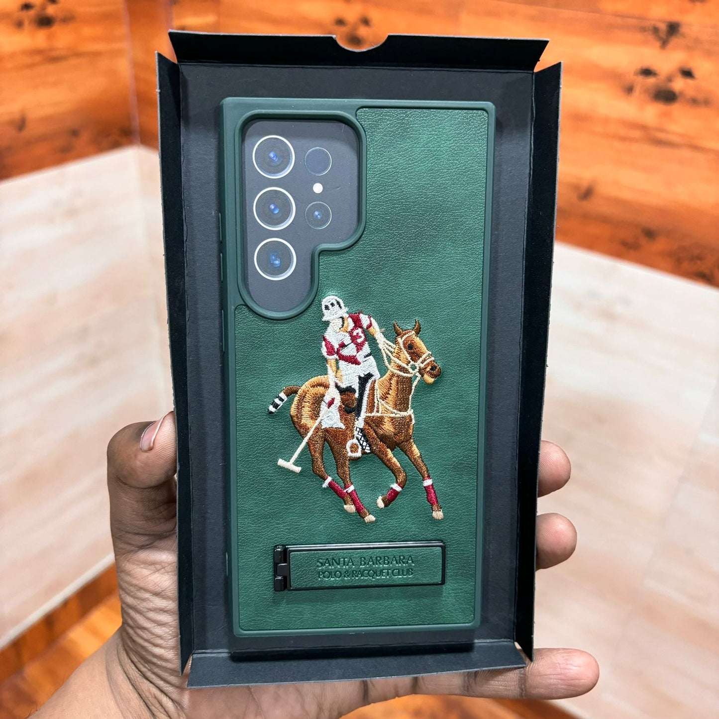 Samsung Galaxy S24 Ultra Polo Embroidery Leather Case with Metal Kickstand - Green