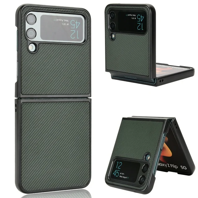 Samsung Galaxy Z Flip 3 Leather Carbon Fiber Slim Fit Case- Green
