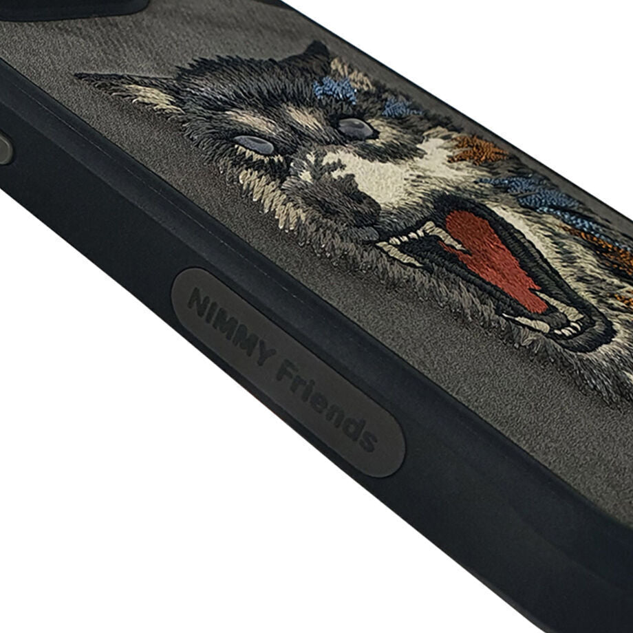 iPhone 15 Pro Nimmy Embroidery TPU+PU Leather Shockproof Dazzling Series-Wolf