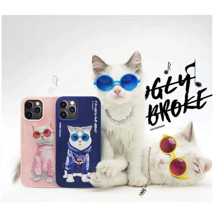 iPhone 15 Plus Nimmy Embroidery Leather Shockproof Case - Pink Cat