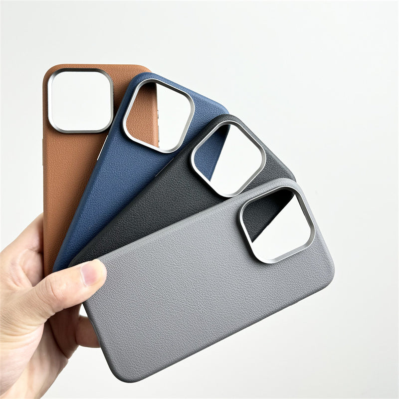 iPhone 15 Pro Genuine Leather Case Luxury Business Style Back Cover - Gray