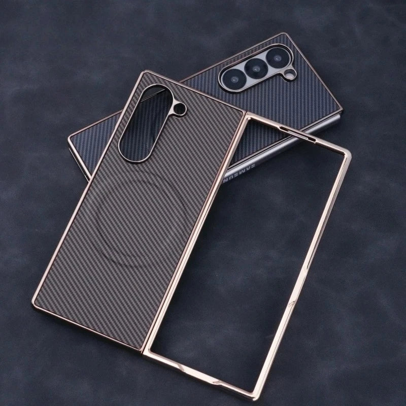 Samsung Galaxy Z Fold7 Carbon Fiber Pattern Plating Shockproof Case with Magsafe - Black