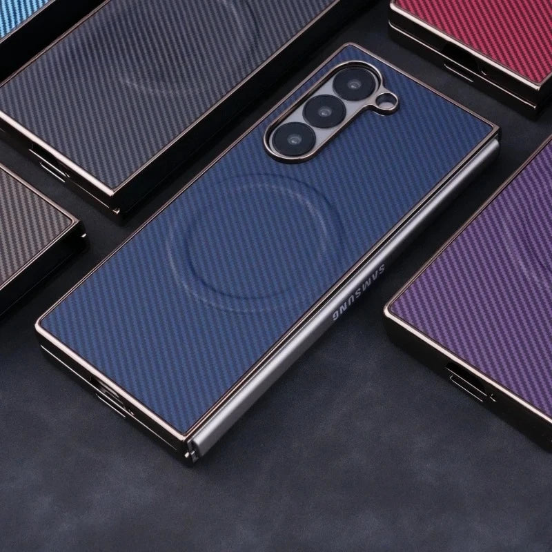 Samsung Galaxy Z Fold7 Carbon Fiber Pattern Plating Shockproof Case with Magsafe - Black
