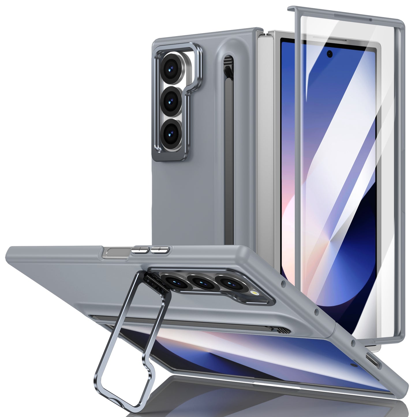 Samsung Galaxy Z Fold 7 Skin Feel Case with Metal Stand, S Pen & Front Glass - Gray