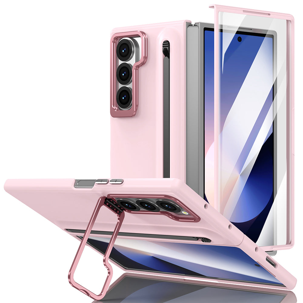 Samsung Galaxy Z Fold 7 Skin Feel Case with Metal Stand, S Pen & Front Glass - Pink