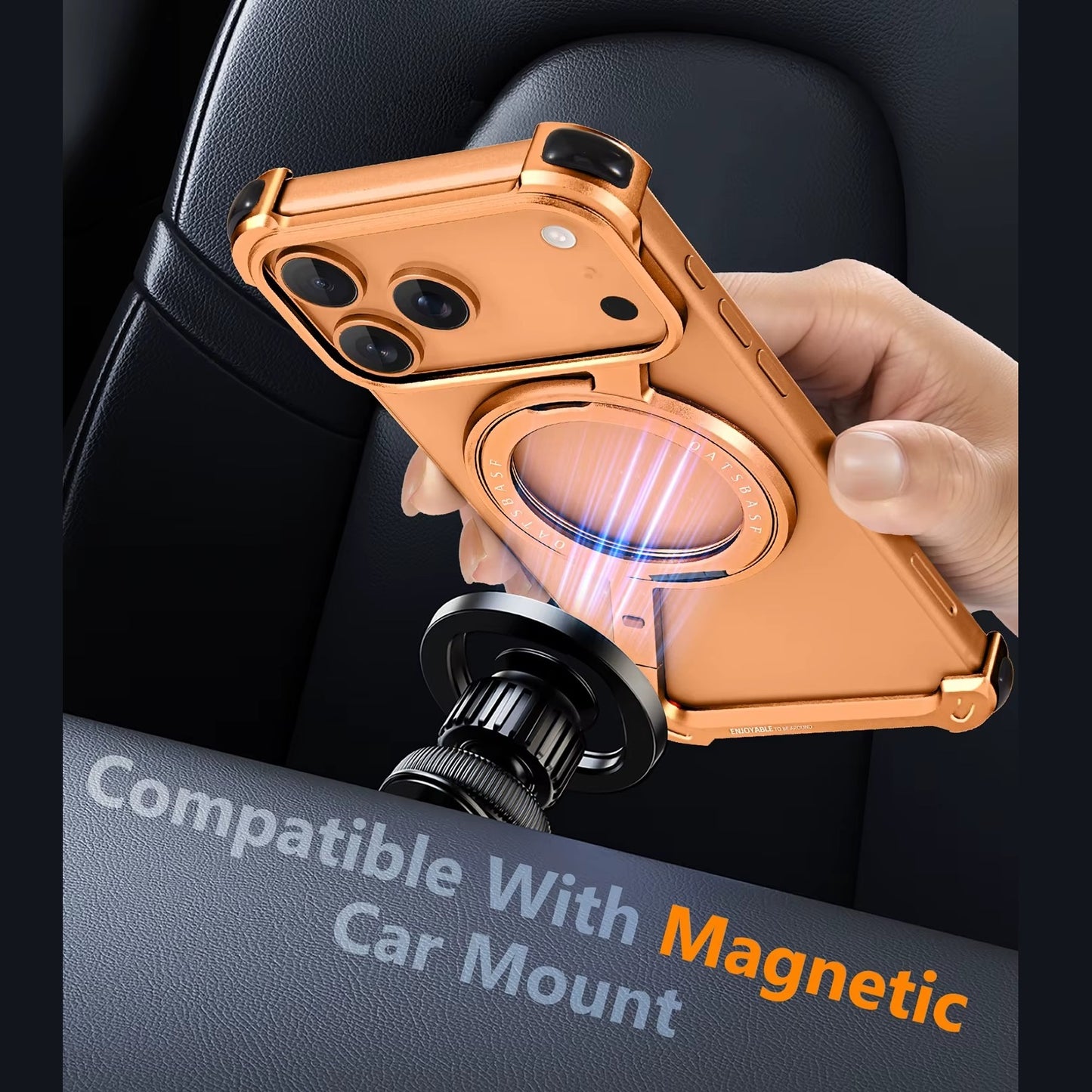 iPhone 17 Pro Z Shape Frameless Metal Bumper Case with 360° Rotatable Stand & Magsafe - Orange