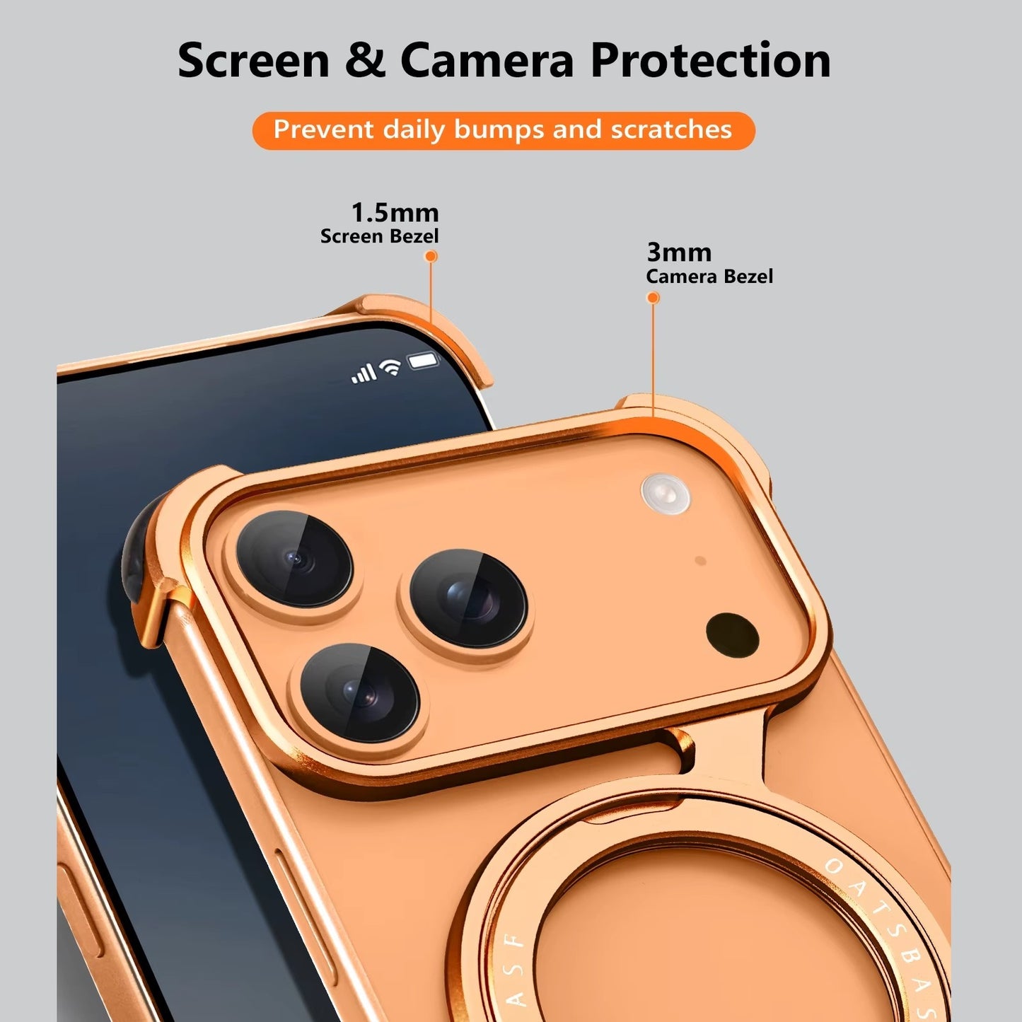 iPhone 17 Pro Z Shape Frameless Metal Bumper Case with 360° Rotatable Stand & Magsafe - Orange
