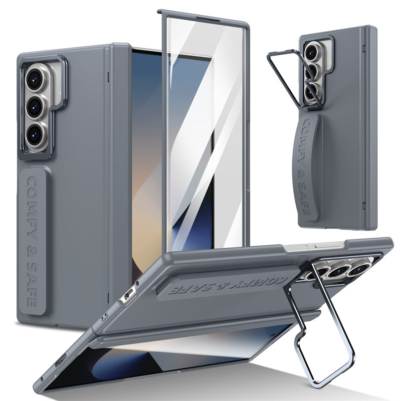 Samsung Galaxy Z Fold 7 Skin Feel Hard Case with Silicon Strap, Hinge & Front Glass - Gray