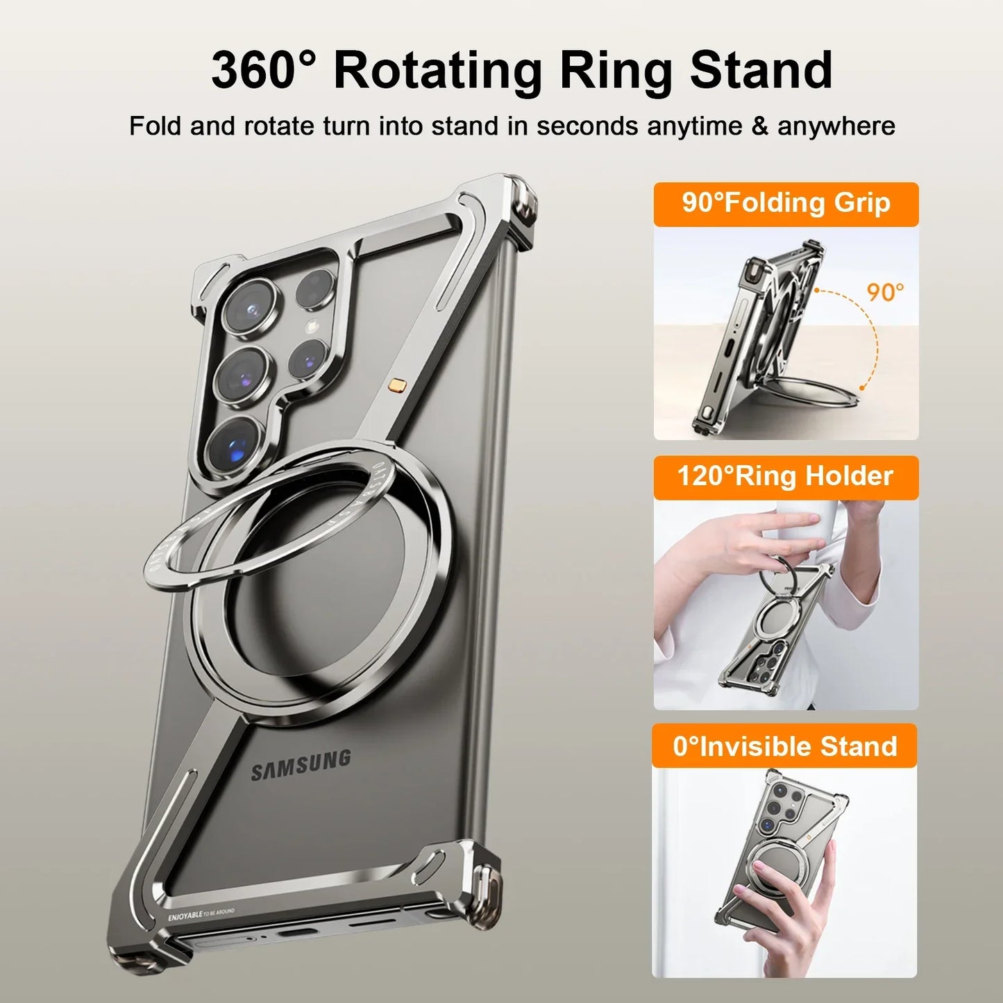 Samsung Galaxy S24 Ultra Z Shape Frameless Metal Bumper Case with Built-in Magsafe & 360° Rotation Ring - Titanium