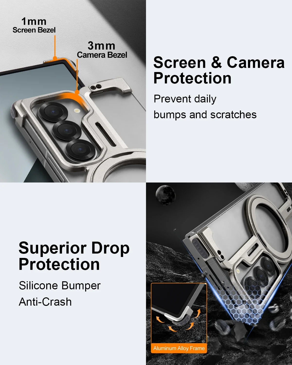 Samsung Galaxy Z Fold 5 Frameless Metal Bumper Case with 360 Magnetic Stand Ring - Titanium