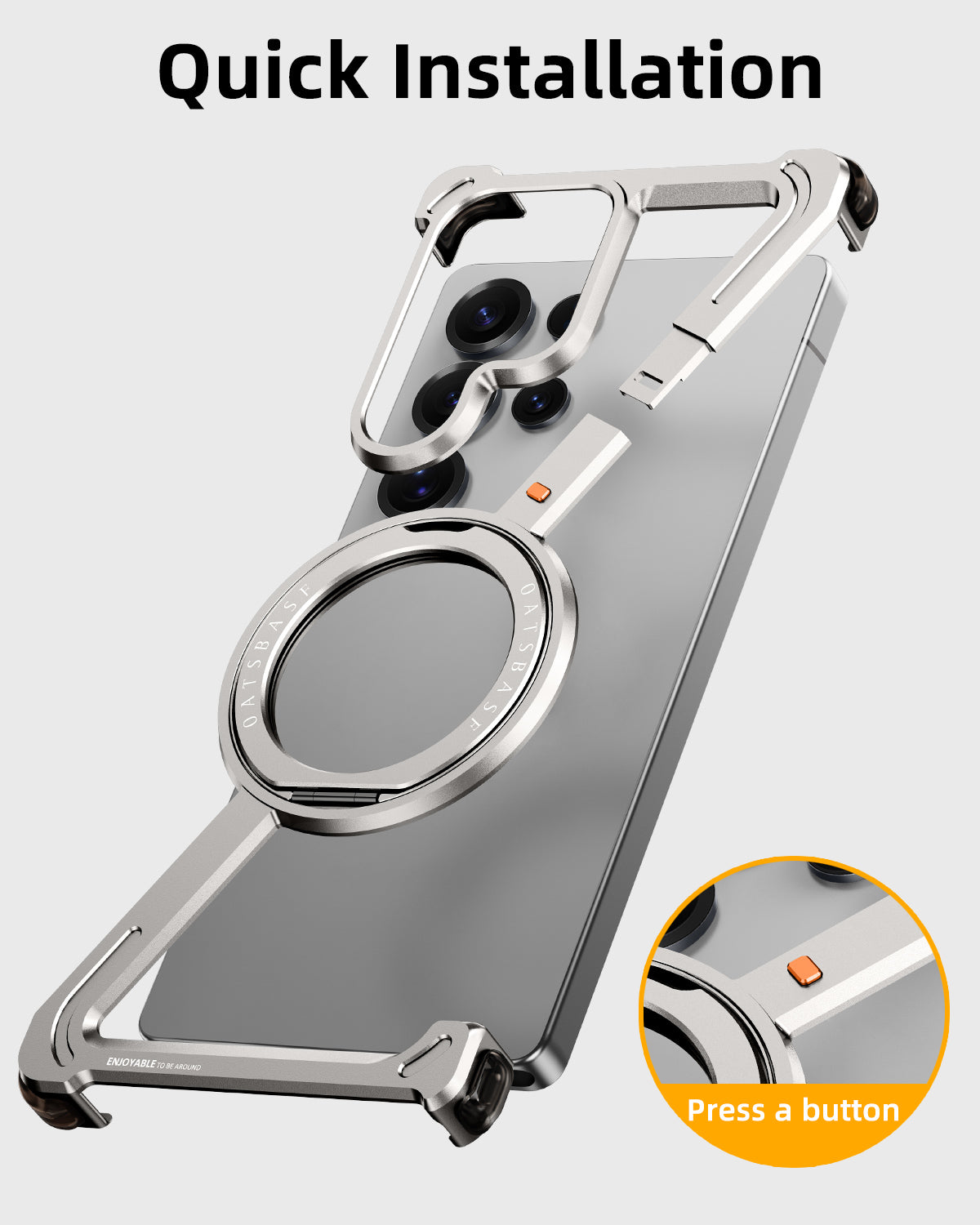 Samsung Galaxy S24 Ultra Z Shape Frameless Metal Bumper Case with Built-in Magsafe & 360° Rotation Ring - Black