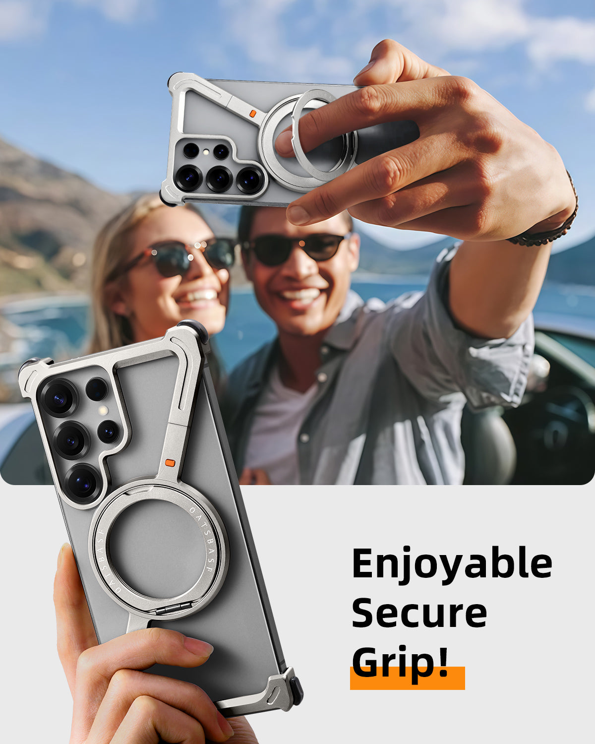 Samsung Galaxy S24 Ultra Z Shape Frameless Metal Bumper Case with Built-in Magsafe & 360° Rotation Ring - Black